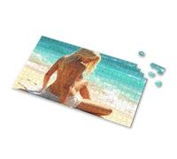 Jigsaw Puzzles 300 Pieces For Adults A Woman In White Shorts Sits On The Beach With Waves Crashing Behind Her. Picture Puzzle Puzzles 500 Pieces Puzzle Books For Adults(500PCS)