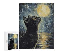Jigsaw Puzzles 500 PCS for Adults Black Cat Gazing at Moon Teenagers Puzzles Hands-on Game Precision Cutting Help The Brain Exercise 500 PCS