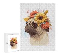 Jigsaw Puzzles 500 PCS for Adults Flower Crown Pug Dog Art Puzzles for Adults Family Games Difficult Hard for Birthday, Chrismas 500 PCS