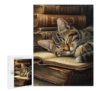 Jigsaw Puzzles 500 PCS for Teenagers Sleepy Kitten on Books Jigsaw Puzzles for Adults Enhance Memory Parent-child Interaction Toy Intellectual Game 500 PCS