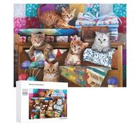 Jigsaw Puzzles 500 PCS for Teenagerss Cozy Cats on Quilted Bunk Beds Jigsaw Puzzle DIY Toys A Work of Art Deal As Gifts for The Whole Family 500 PCS