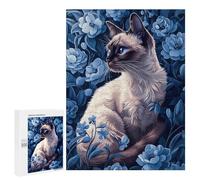 Jigsaw Puzzles 500 PCS for Teenagerss Siamese Cat in Blue Flowers Jigsaws for Adults Relax Games Precision Cutting Deal As Gifts for The Whole Family 500 PCS