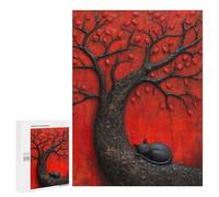 Jigsaw Puzzles 500 PCS for Teenagerss Sleeping Black Japan Cat Beneath Red Tree Adult Jigsaw Puzzle DIY Toys For Family Fun Educational Challenge 500 PCS