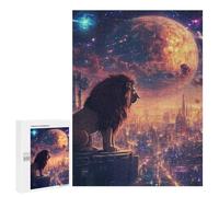Jigsaw Puzzles 500 PCS Lion Over Sci-Fi Cityscape Jigsaws for Adults Puzzle Pattern Assembly Educational Challenge Birthday And Unique Gifts 500 PCS