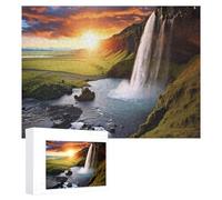 Jigsaw Puzzles 500 PCS Personalized Wooden Puzzle Iceland Waterfall River Field Sunset Puzzles for Adults Photos Picture Puzzle for Family Wedding Christmas Anniversay Birthday Gifts