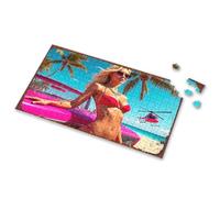 Jigsaw Puzzles 500 Pieces Beachside Bliss: Pink Car, Bikini Beauty, And Helicopter Fun Picture Puzzle Easter Gifts For Adults Puzzle(300PCS)
