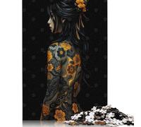 Jigsaw Puzzles 500 Pieces for Adults Floral Tattoo Woman on Black Background Puzzle for Adults Woodenboard Puzzles Family Fun Jigsaws Puzzles 500pcs (52x38cm)