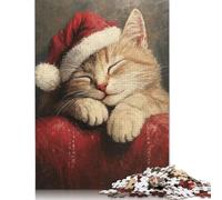Jigsaw Puzzles 500 Pieces for Adults Sleeping Kitten in Santa Hat Jigsaw Puzzles Wooden Puzzle Leisure Toy Educational Game Home Decoration Art Gift 500pcs (52x38cm)