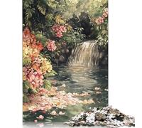 Jigsaw Puzzles 500 Pieces for Adults Watercolor Waterfall with Flowers And Foliage Puzzle for Adults Woodenboard Puzzles Family Decoration 500pcs (52x38cm)
