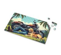 Jigsaw Puzzles 500 Pieces Man And His Dog Relaxing Next To Motorcycle In Tropical Setting Picture Puzzle Toddler Puzzles Ages 2-4 300 Piece Puzzles(300PCS)