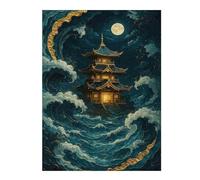 Jigsaw Puzzles 52x38cm/1000pcs for Teenagerss Pagoda Amidst Ocean Waves at Night Jigsaw Puzzle Toy Wall Decor Pattern Assembly Educational Challenge 52x38cm/1000pcs