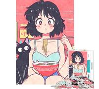 Jigsaw Puzzles for Adults 1000 Anime Girl Eating Ramen with Cat Fun Activities at Home A Work of Art Relaxing Games Suitable for People Aged 14 And Above (38x52cm)