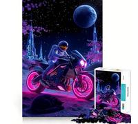 Jigsaw Puzzles for Adults 1000 Astronaut on Neon Motorcycle with Cat Perfect Cut Fun Mind Exercise Toy Peaceful Play Fun Birthday Fun Gift (38x52cm)