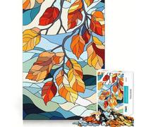 Jigsaw Puzzles for Adults 1000 Autumn Leaves Stained Glass Style Illustration Perfect Cut Fun Mind Exercise Toy Peaceful Play Fun Birthday Fun Gift (50x75cm)
