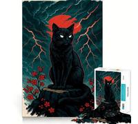 Jigsaw Puzzles for Adults 1000 Black Cat Under Red Moon Japan Style Sharp Joint Play, Thinking Fun Game, Calm Fun Time, Christmas Leisure Art (50x75cm)
