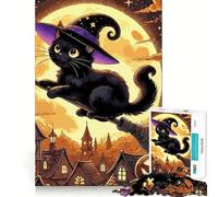 Jigsaw Puzzles for Adults 1000 Black Cat Witch on Broom Sharp Joint Play, Thinking Fun Game, Calm Fun Time, Christmas Leisure Art (38x52cm)