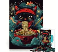 Jigsaw Puzzles for Adults 1000 Black Cat with A Red Bandana Enjoying Eating Ramen Noodles Sharp Joint Play, Thinking Fun Game, Calm Fun Time, Christmas Leisure Art (38x26cm)