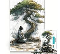 Jigsaw Puzzles for Adults 1000 Cat Samurai Meditating Under A Bonsai Tree Premium Cut Play Creative Game Toy Idle Fun Time Christmas Art Display (38x52cm)
