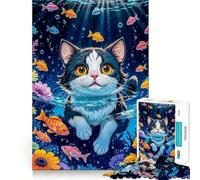 Jigsaw Puzzles for Adults 1000 Cat Underwater with Fish Exact Edge Art Focus Building Toy Cozy Time Game Christmas Wall Art (38x52cm)