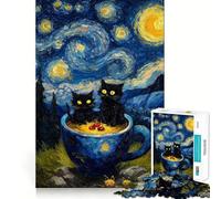 Jigsaw Puzzles for Adults 1000 Cats in A Cup︰ Starry Night Exact Edge Art Focus Building Toy Cozy Time Game Christmas Wall Art (38x26cm)
