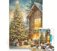 Jigsaw Puzzles for Adults 1000 Christmas Tree And Cabin Watercolor, Toy Wall Decor, Home Art Decor, with Fully Interlocking Randomly Shaped Pieces 50x75cm