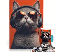 Jigsaw Puzzles for Adults 1000 Cool Cat with Headphones, Brain Teaser Game, Parent-child Interaction, Enhance Love between Couples 38x52cm
