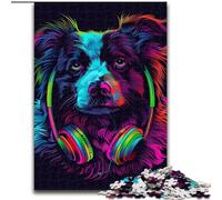 Jigsaw Puzzles for Adults 1000 DJ Neon Border Collie Made of Wood, Toys Gift Educational Intellectual Decompressing Fun Family Game 50x75cm for Family Interactive Game