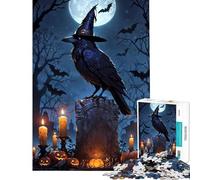Jigsaw Puzzles for Adults 1000 Halloween Raven Witch on Tombstone Relaxing Games Brain Intelligence Challenge Addictive Toys Great Gifts Family Activities (Size 50x75cm)