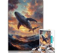 Jigsaw Puzzles for Adults 1000 Jigsaws Whales Jumping at Sunset,Challenging Game And Family Play with Matching Poster And Trivia Sheet 75x50cm