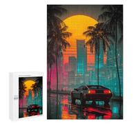 Jigsaw Puzzles for Adults 1000 PCS Neon Cityscape with Retro Car -2 Puzzles for Teenagers Precision Cutting Difficult And Challenge Birthday And Unique Gifts 1000 PCS