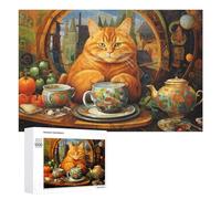 Jigsaw Puzzles for Adults 1000 PCS Tea Time with A Ginger Cat Jigsaws for Adults Fun Games Perfect Decoration Challenging To Complete 1000 PCS