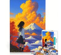 Jigsaw Puzzles for Adults 1000 Piece Anime Girl with Mount Fuji View, Hands-on Game, Fun Activities at Home, Presents for Women 38x52cm