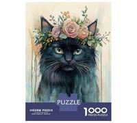 Jigsaw Puzzles for Adults 1000 Piece Black Cat with Floral Crown Adult Puzzles Brain Teaser Game Home Decoration Christmas Birthday Gifts 70x50cm/1000pcs