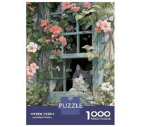 Jigsaw Puzzles for Adults 1000 Piece Cat at Window with Flowers Jigsaw Relax Games Wall Decoration Deal As Gifts for The Whole Family 70x50cm/1000pcs