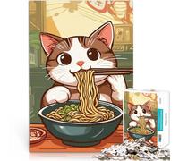 Jigsaw Puzzles for Adults 1000 Piece Cat Eating Ramen Schwierig und herausfordernd einzigartiges Herausforderungsspiel75x50cm