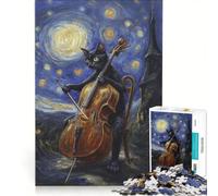 Jigsaw Puzzles for Adults 1000 Piece Cat Playing Cello Under Starry Night, Anti-Stress Toys, Difficult And Challenge, Beautiful Design Game 50x75cm