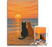 Jigsaw Puzzles for Adults 1000 Piece Cats Watching Sunset at The Beach Unique Challenge Game Home Art Decor Gift For Birthdays Size 38x26cm