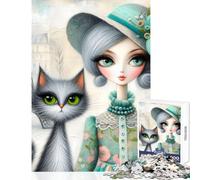 Jigsaw Puzzles for Adults 1000 Piece Chic Lady And Tabby Cat Jigsaw Puzzles 1000 Relaxing Games Birthday Gifts Perfect Decoration (50x75cm)