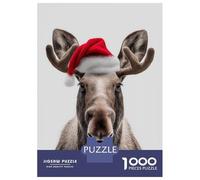 Jigsaw Puzzles for Adults 1000 Piece Christmas Moose with Santa Hat Portrait Puzzle for Adults Brain Teaser Game Enhance Memory Fun at Home Activities, 38x26cm/1000pcs