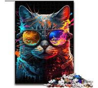 Jigsaw Puzzles for Adults 1000 Piece Colored Glasses Cat Made of Wood, Fun Activity for at Home 50x75cm Family Fun Activity, Brain Challenge, for Teenager