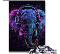 Jigsaw Puzzles for Adults 1000 Piece Elephant with Headphones Made of Wood, Fun at Home Activities, Birthday Present, Travel Gifts 50x75cm Birthday Party for Men Women