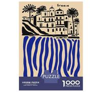 Jigsaw Puzzles for Adults 1000 Piece Greece Illustration with Blue Water Teenager Puzzles Hands-on Game Home Decoration Christmas Birthday Gifts 38x26cm/1000pcs