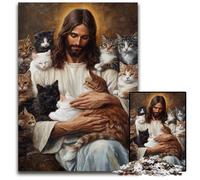 Jigsaw Puzzles for Adults, 1000 Piece Jesus And Cats Wooden Jigsaw Puzzles Colorful Home Decor & Interactive Family Game, 50X75CM