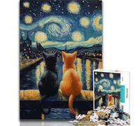 Jigsaw Puzzles for Adults 1000 Piece Night Sky Orange Cat Black Cat Teenager Jigsaw,Relax Games Is Ideal As A Gift for The Whole Family 38x26cm