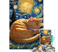 Jigsaw Puzzles for Adults 1000 Piece Orange Tabby Cat Sleeping in Starry Night Puzzles for Adults Fun Games Wall Decoration Fun Activities at Home (Size 38x52cm)