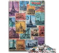 Jigsaw Puzzles for Adults 1000 Piece Paris Stamp Collage Educational Games Home Decoration Educational Game for Birthday, Chrismas 26x38cm