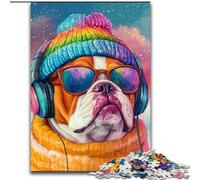 Jigsaw Puzzles for Adults 1000 Piece Puzzle Bulldog Listening to Music,Stress Reliever Difficult Challenge Is Ideal As Gifts for The Whole Family 38x26cm