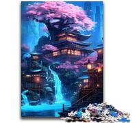 Jigsaw Puzzles for Adults 1000 Piece Puzzle Neon Waterfall Temple Stress Reliever Difficult Challenge Is Ideal As Gifts for The Whole Family 38x26cm
