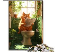 Jigsaw Puzzles for Adults 1000 Piece Puzzle Orange Cat on The Toilet, Analysis And Logic with Fully Interlocking Randomly Shaped Pieces for And Age 14 Years Up (Size 50x75cm)
