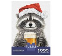 Jigsaw Puzzles for Adults 1000 Piece Raccoon in Santa Hat with Beer Jigsaw Puzzle Brain Teaser Game Stress Reliever Unique Birthday And Xmas Gifts 38x26cm/1000pcs